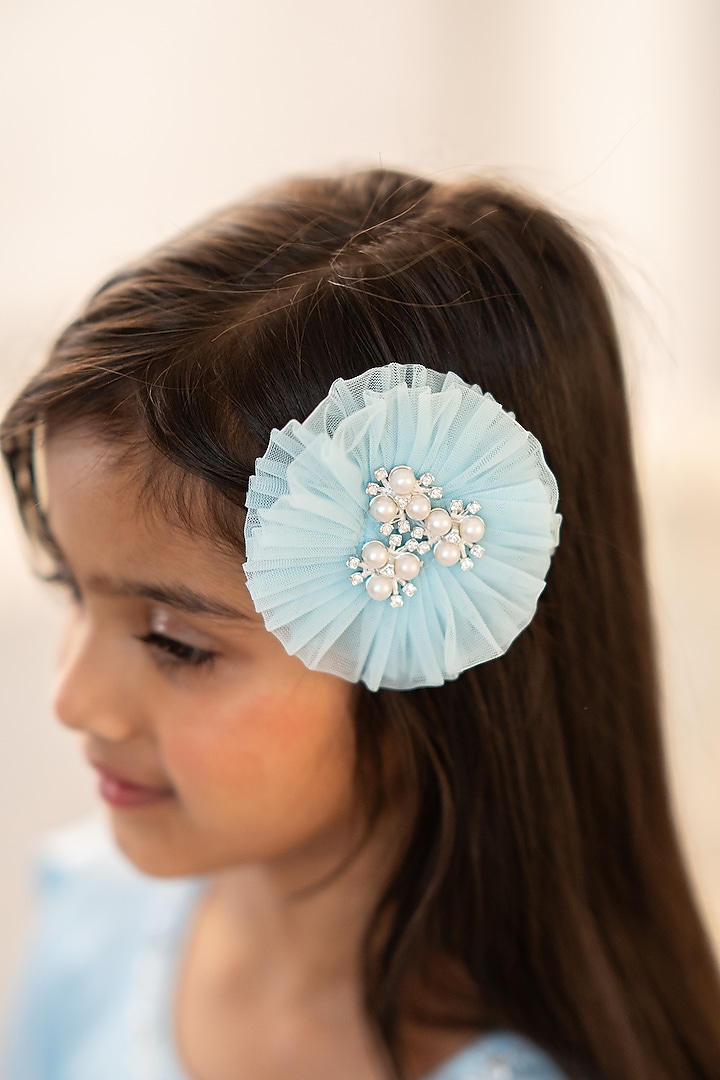 Blue Satin & Tulle Embroidered Gown For Girls by Ruchikalathlabel at Pernia's Pop Up Shop