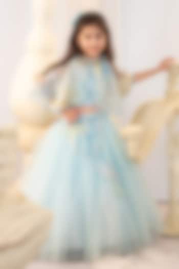 Blue Tulle Embroidered Jacket Lehenga Set For Girls by Ruchikalathlabel at Pernia's Pop Up Shop