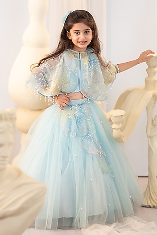 Blue Tulle Embroidered Jacket Lehenga Set For Girls by Ruchikalathlabel