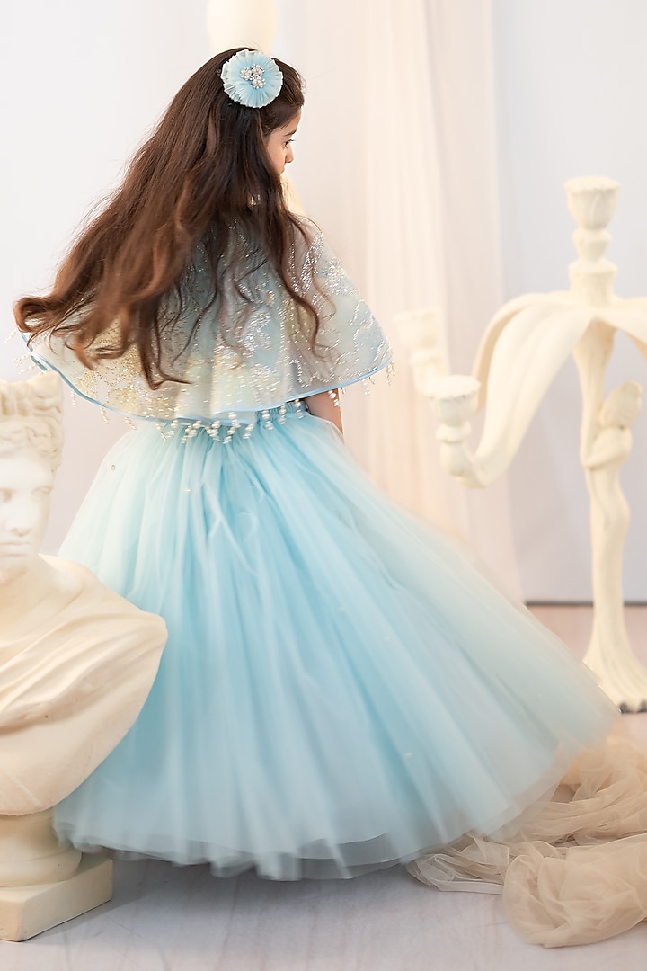 Blue Tulle Embroidered Jacket Lehenga Set For Girls by Ruchikalathlabel at Pernia's Pop Up Shop
