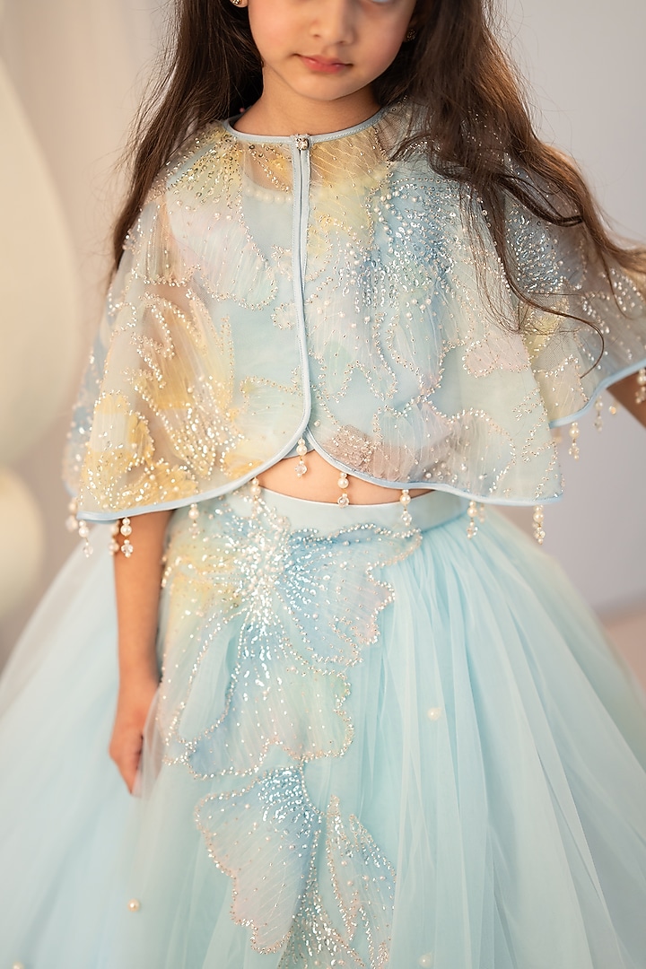 Blue Tulle Embroidered Jacket Lehenga Set For Girls by Ruchikalathlabel at Pernia's Pop Up Shop
