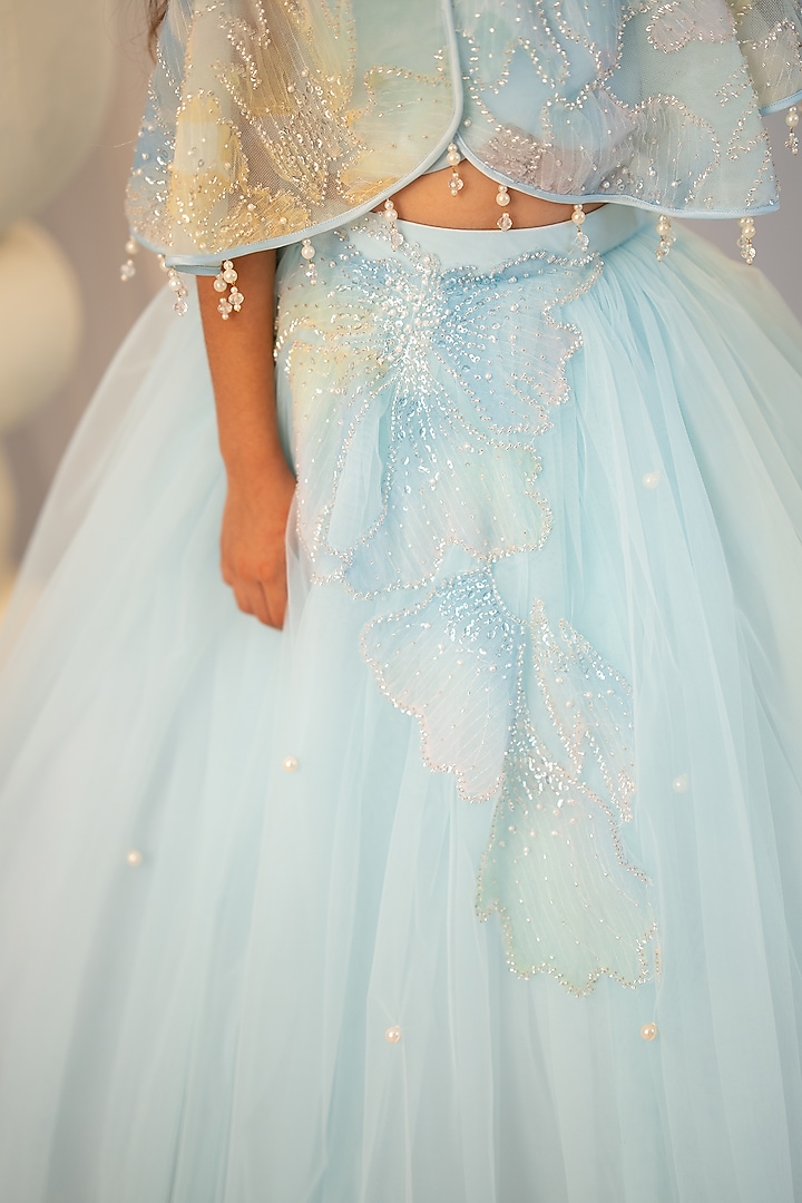 Blue Tulle Embroidered Jacket Lehenga Set For Girls by Ruchikalathlabel at Pernia's Pop Up Shop