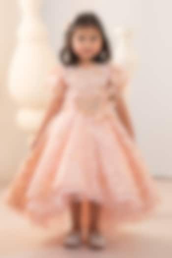 Pink Jacquard & Tulle Hand Embroidered High-Low Gown For Girls by Ruchikalathlabel at Pernia's Pop Up Shop
