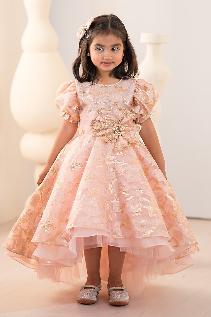 Pink Jacquard & Tulle Hand Embroidered High-Low Gown For Girls by Ruchikalathlabel at Pernia's Pop Up Shop