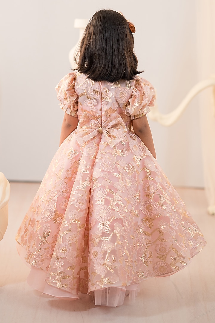 Pink Jacquard & Tulle Hand Embroidered High-Low Gown For Girls by Ruchikalathlabel at Pernia's Pop Up Shop
