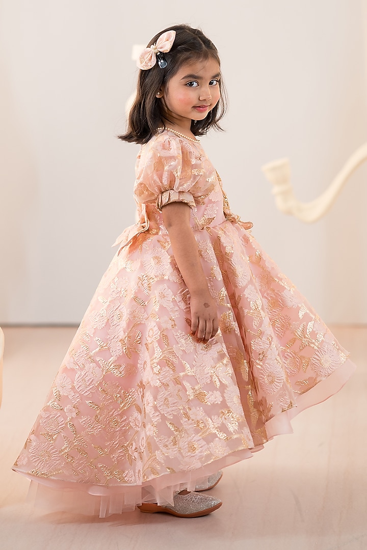 Pink Jacquard & Tulle Hand Embroidered High-Low Gown For Girls by Ruchikalathlabel at Pernia's Pop Up Shop