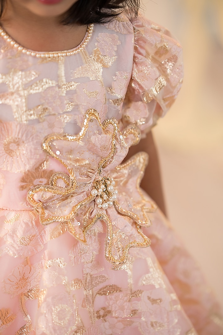 Pink Jacquard & Tulle Hand Embroidered High-Low Gown For Girls by Ruchikalathlabel at Pernia's Pop Up Shop