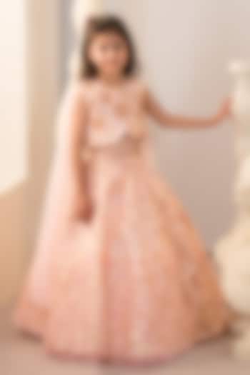 Pink Jacquard & Tulle Hand Embroidered Lehenga Set For Girls by Ruchikalathlabel at Pernia's Pop Up Shop