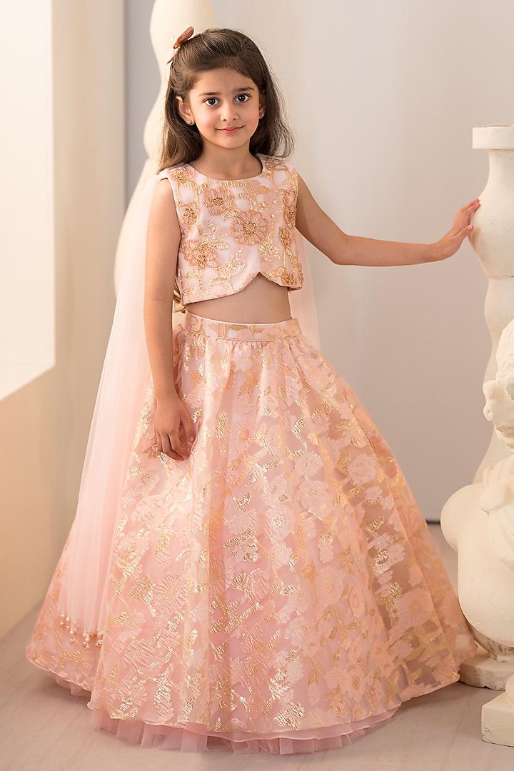 Pink Jacquard & Tulle Hand Embroidered Lehenga Set For Girls by Ruchikalathlabel at Pernia's Pop Up Shop