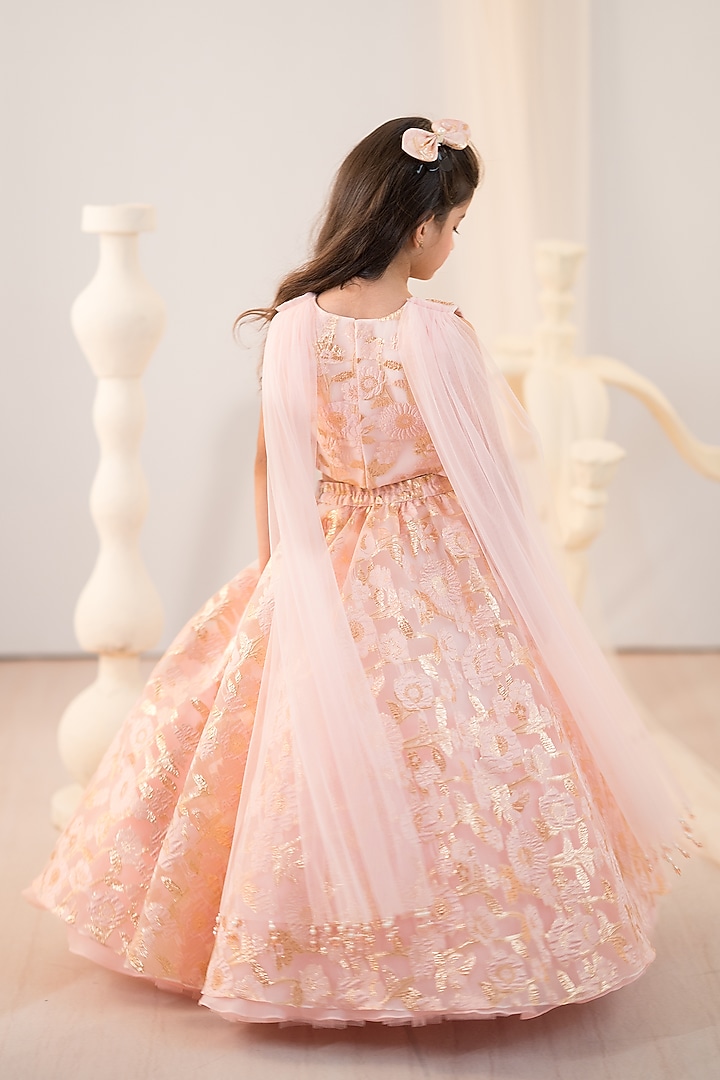 Pink Jacquard & Tulle Hand Embroidered Lehenga Set For Girls by Ruchikalathlabel at Pernia's Pop Up Shop