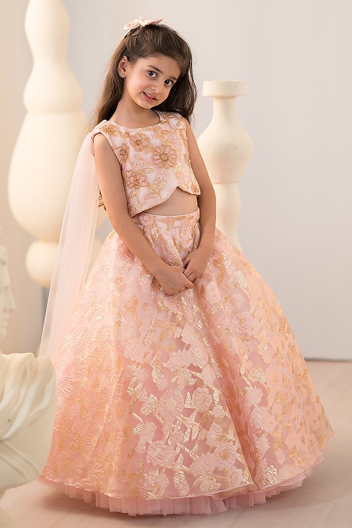 Pink Jacquard & Tulle Hand Embroidered Lehenga Set For Girls by Ruchikalathlabel at Pernia's Pop Up Shop