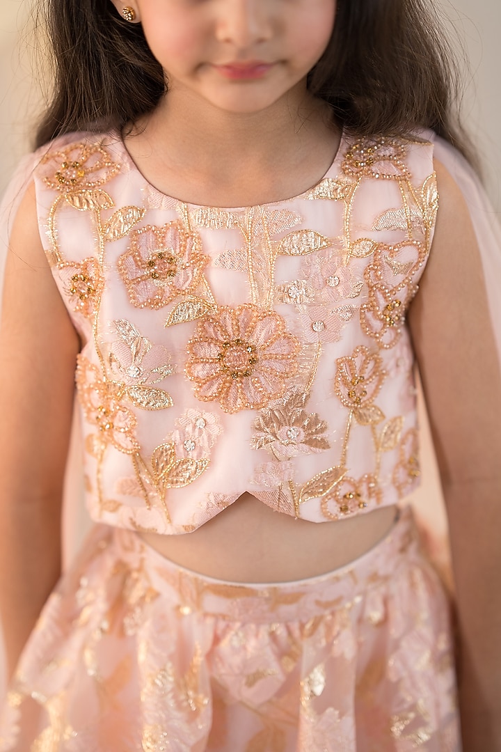 Pink Jacquard & Tulle Hand Embroidered Lehenga Set For Girls by Ruchikalathlabel at Pernia's Pop Up Shop