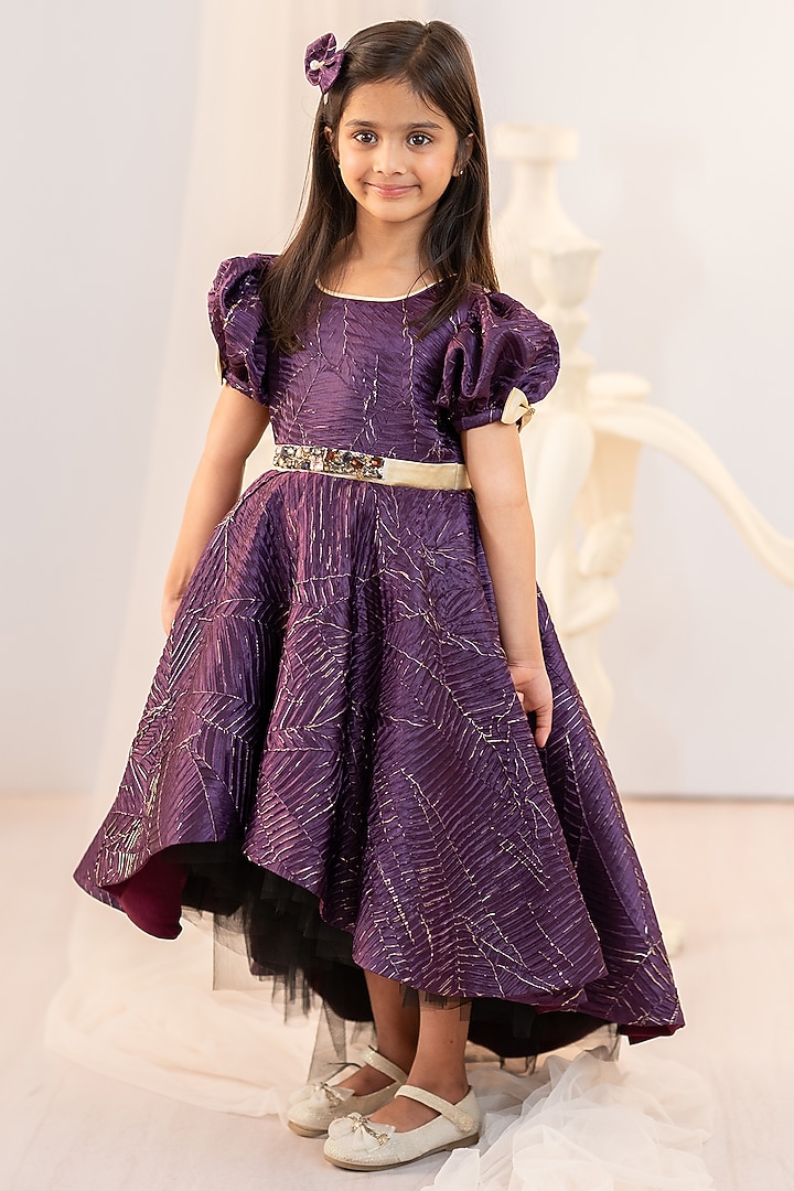 Magenta Textured Satin & Tulle Hand Embroidered High-Low Gown For Girls by Ruchikalathlabel at Pernia's Pop Up Shop