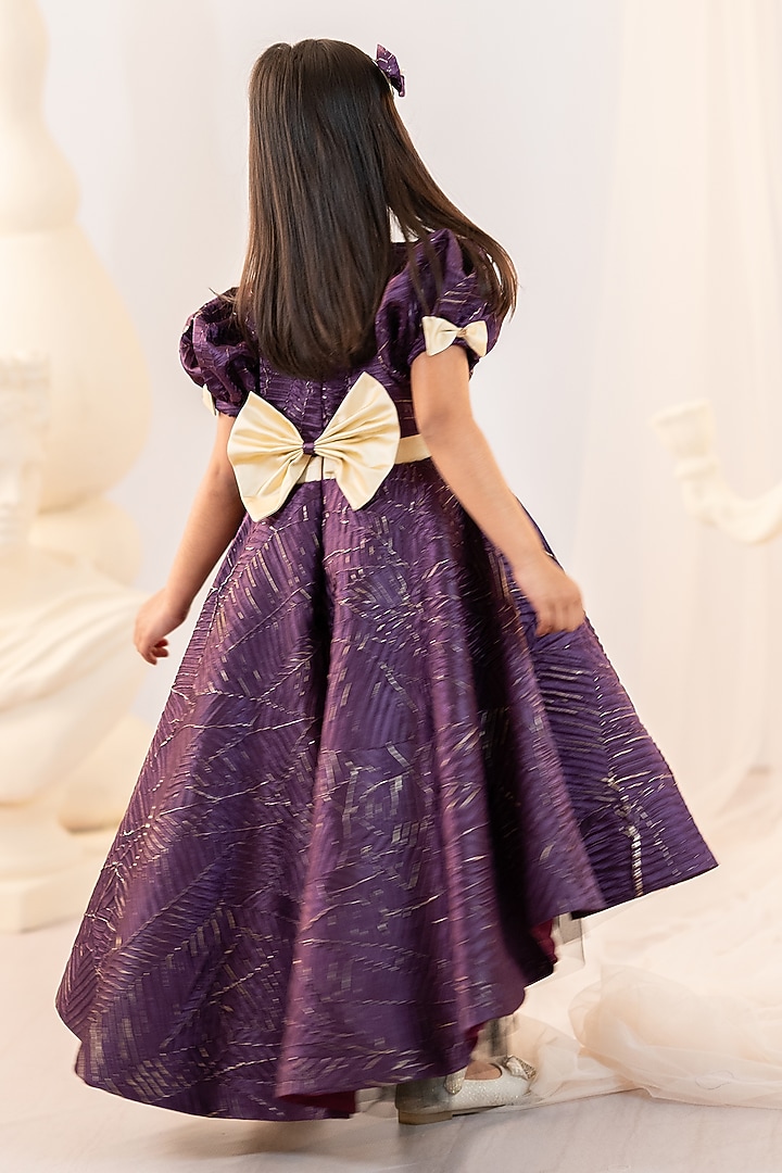 Magenta Textured Satin & Tulle Hand Embroidered High-Low Gown For Girls by Ruchikalathlabel at Pernia's Pop Up Shop