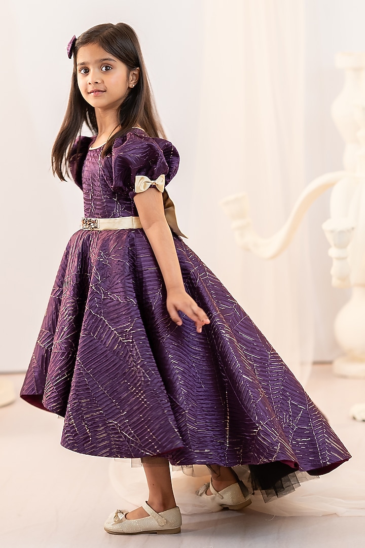 Magenta Textured Satin & Tulle Hand Embroidered High-Low Gown For Girls by Ruchikalathlabel at Pernia's Pop Up Shop