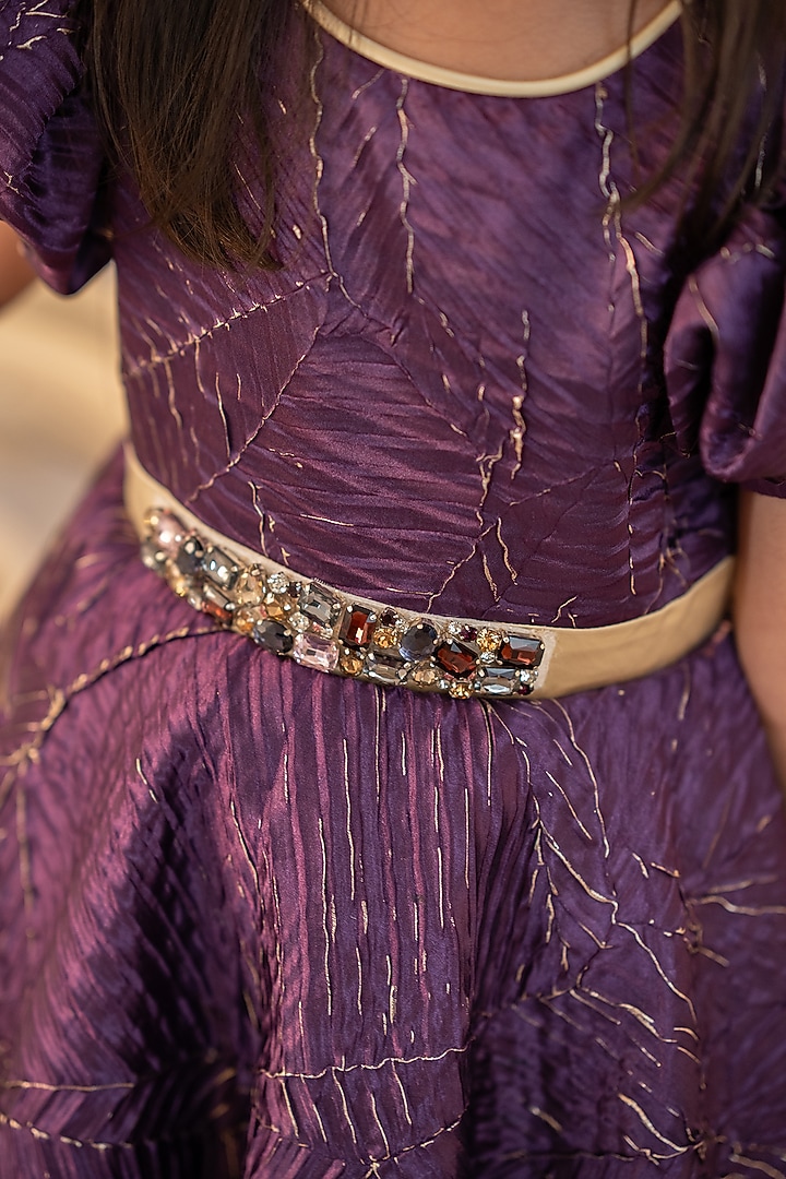 Magenta Textured Satin & Tulle Hand Embroidered High-Low Gown For Girls by Ruchikalathlabel at Pernia's Pop Up Shop