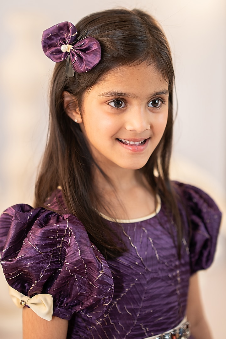 Magenta Textured Satin & Tulle Hand Embroidered High-Low Gown For Girls by Ruchikalathlabel at Pernia's Pop Up Shop