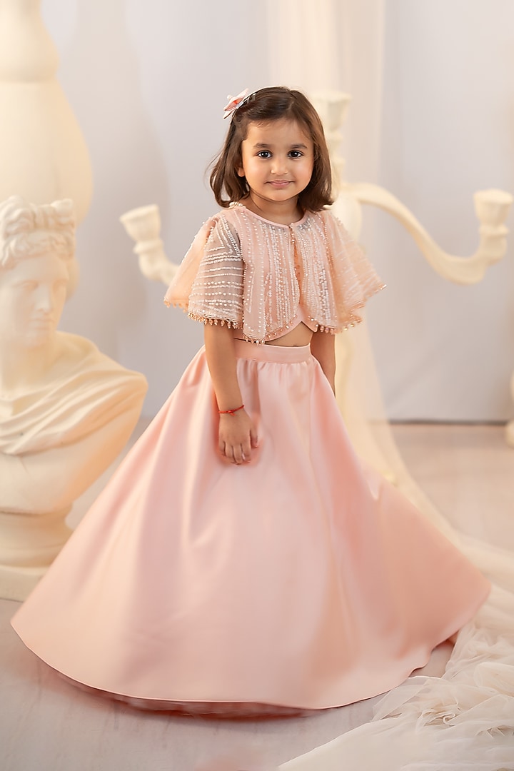Peach Bridal Satin & Tulle Embroidered Jacket Lehenga Set For Girls by Ruchikalathlabel at Pernia's Pop Up Shop