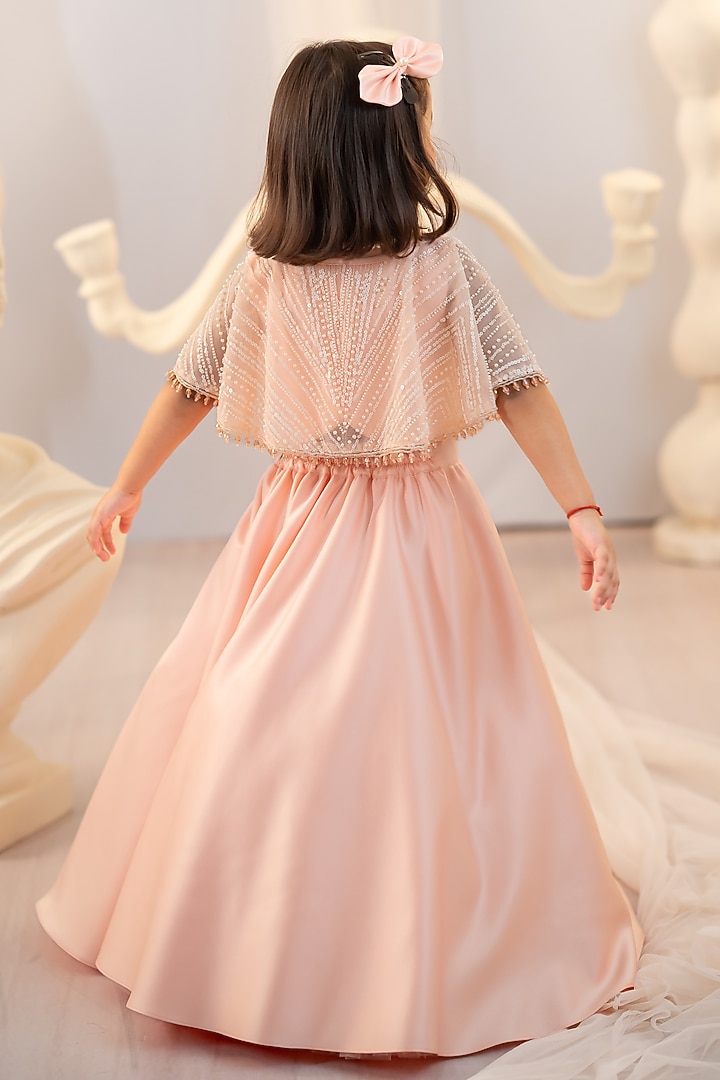 Peach Bridal Satin & Tulle Embroidered Jacket Lehenga Set For Girls by Ruchikalathlabel at Pernia's Pop Up Shop