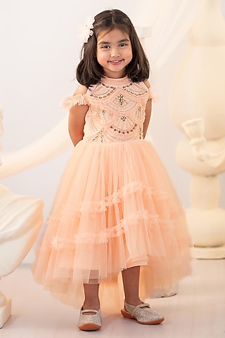 Peach Bridal Satin & Tulle Embroidered High-Low Gown For Girls by Ruchikalathlabel