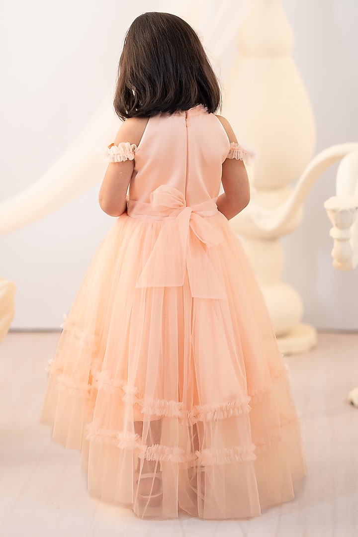 Peach Bridal Satin & Tulle Embroidered High-Low Gown For Girls by Ruchikalathlabel at Pernia's Pop Up Shop
