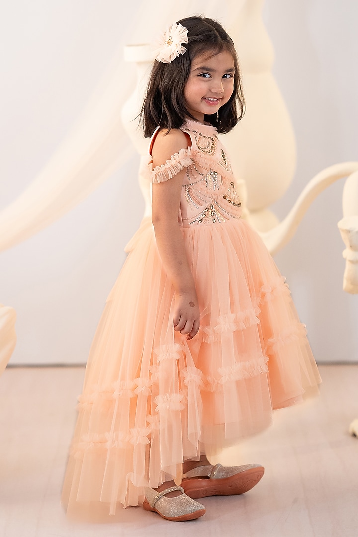 Peach Bridal Satin & Tulle Embroidered High-Low Gown For Girls by Ruchikalathlabel at Pernia's Pop Up Shop