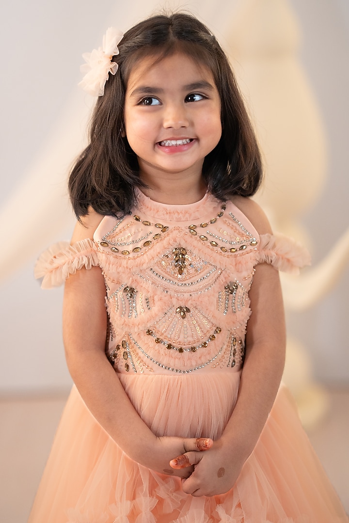 Peach Bridal Satin & Tulle Embroidered High-Low Gown For Girls by Ruchikalathlabel at Pernia's Pop Up Shop