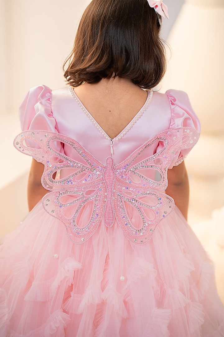 Pink Bridal Satin & Tulle Hand Embroidered Dress For Girls by Ruchikalathlabel at Pernia's Pop Up Shop