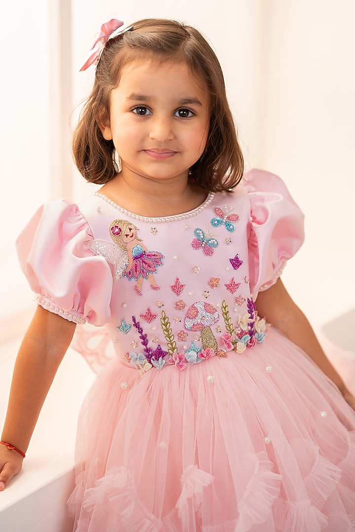 Pink Bridal Satin & Tulle Hand Embroidered Dress For Girls by Ruchikalathlabel at Pernia's Pop Up Shop