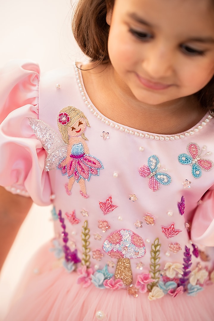 Pink Bridal Satin & Tulle Hand Embroidered Dress For Girls by Ruchikalathlabel at Pernia's Pop Up Shop