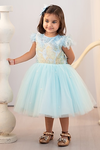 Blue Tulle Embroidered Dress For Girls by Ruchikalathlabel
