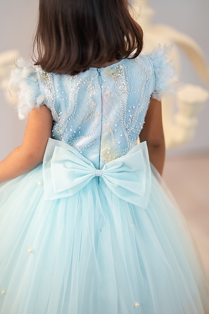 Blue Tulle Embroidered Dress For Girls by Ruchikalathlabel at Pernia's Pop Up Shop
