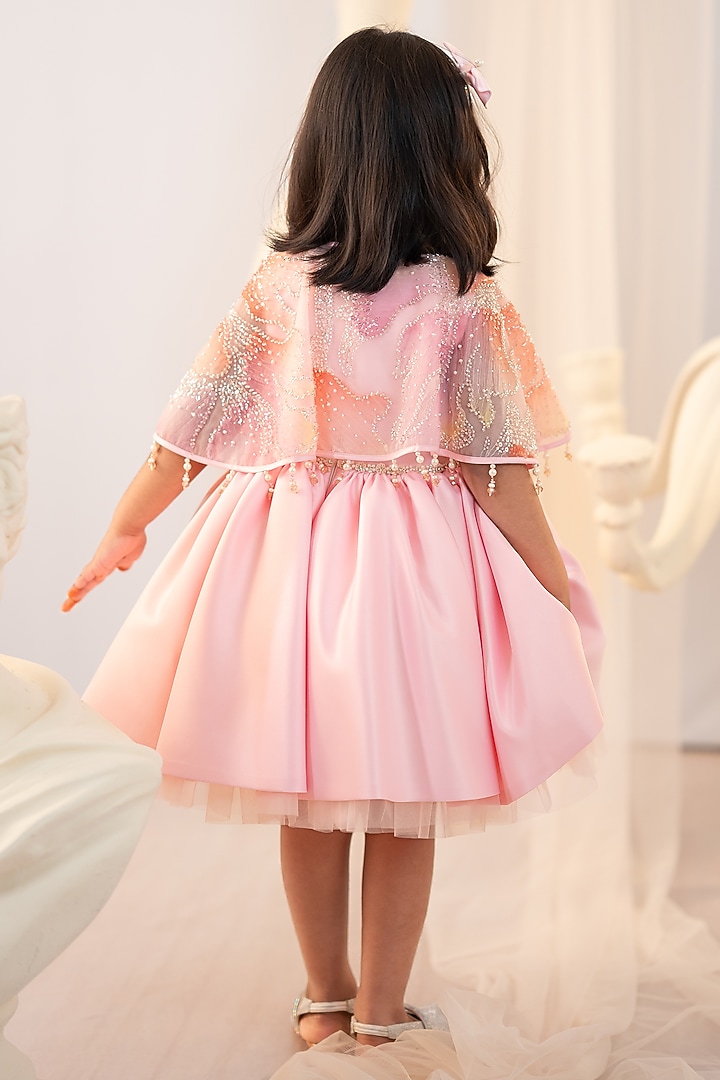 Pink Satin & Tulle Embroidered Dress For Girls by Ruchikalathlabel at Pernia's Pop Up Shop