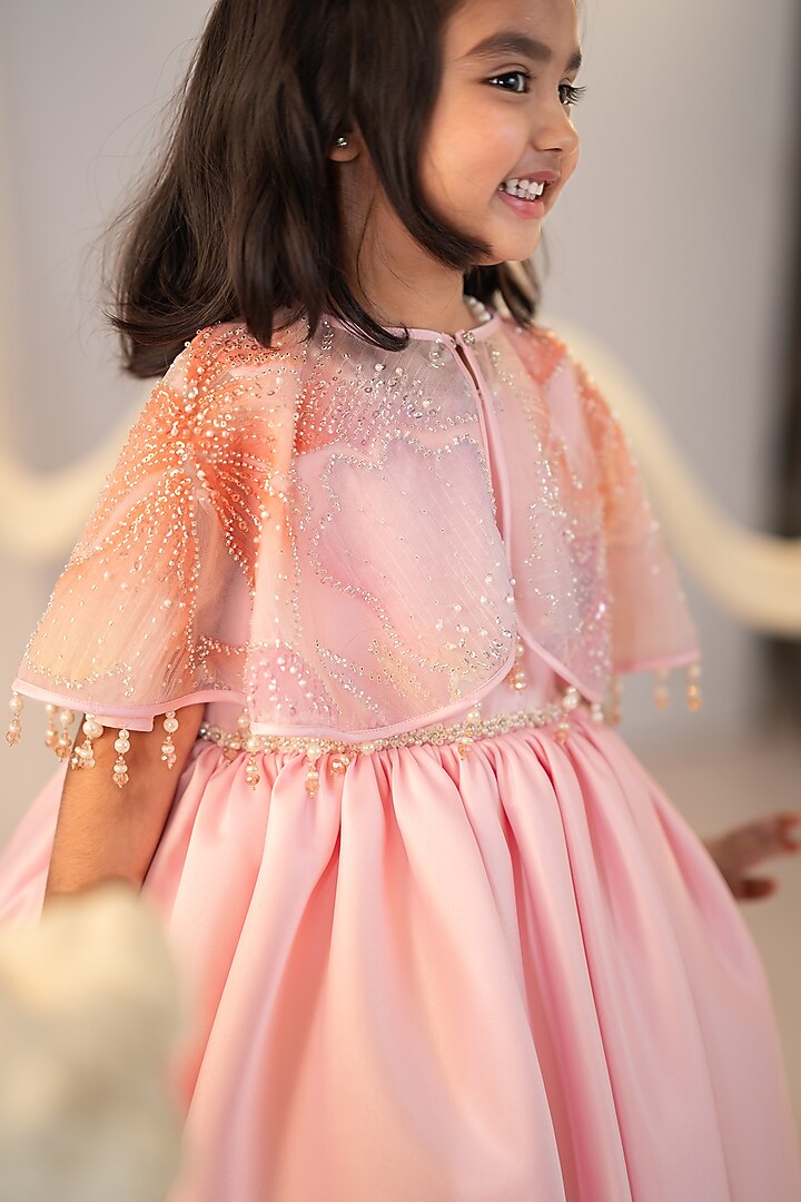 Pink Satin & Tulle Embroidered Dress For Girls by Ruchikalathlabel at Pernia's Pop Up Shop