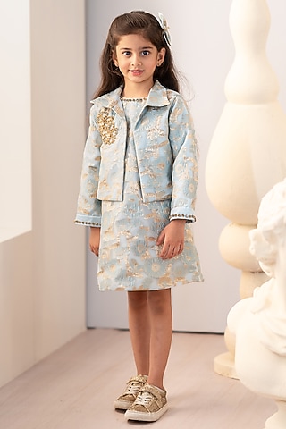 Blue Jacquard Embroidered Dress For Girls by Ruchikalathlabel