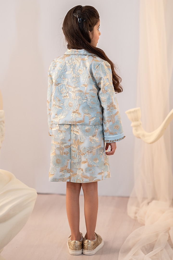 Blue Jacquard Embroidered Dress For Girls by Ruchikalathlabel at Pernia's Pop Up Shop