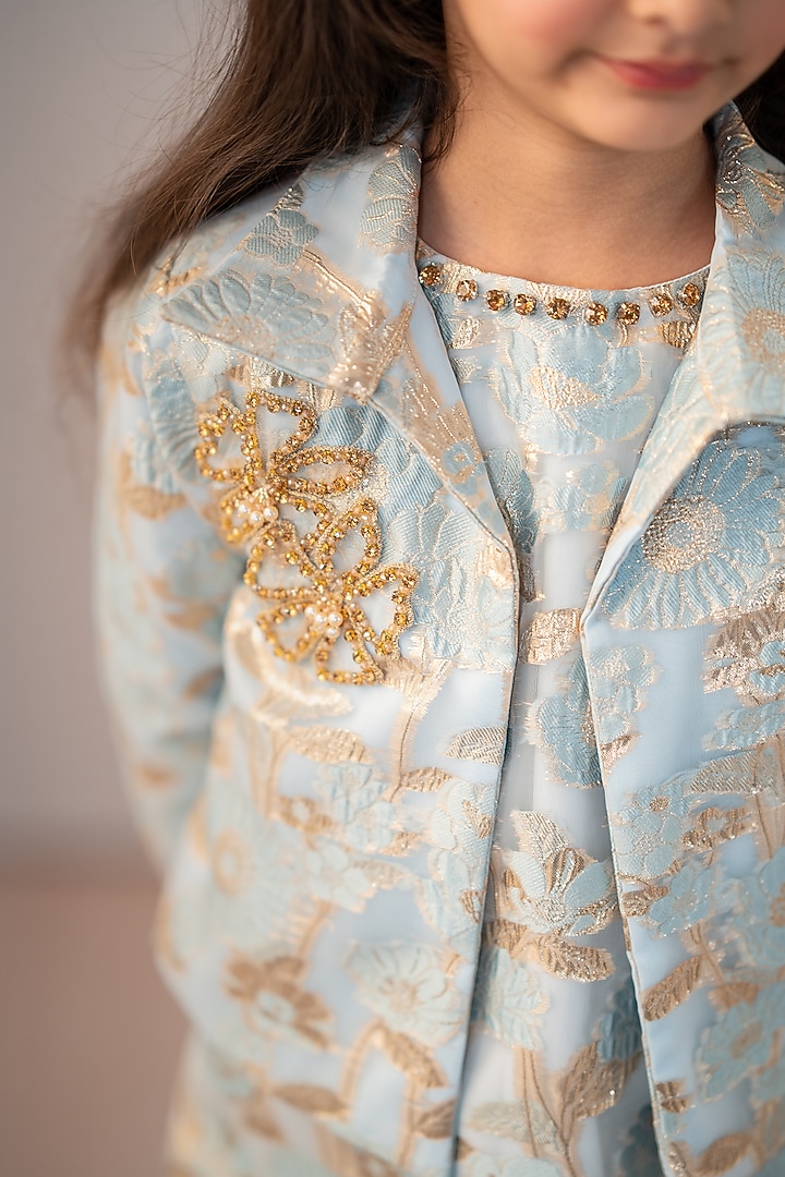 Blue Jacquard Embroidered Dress For Girls by Ruchikalathlabel at Pernia's Pop Up Shop