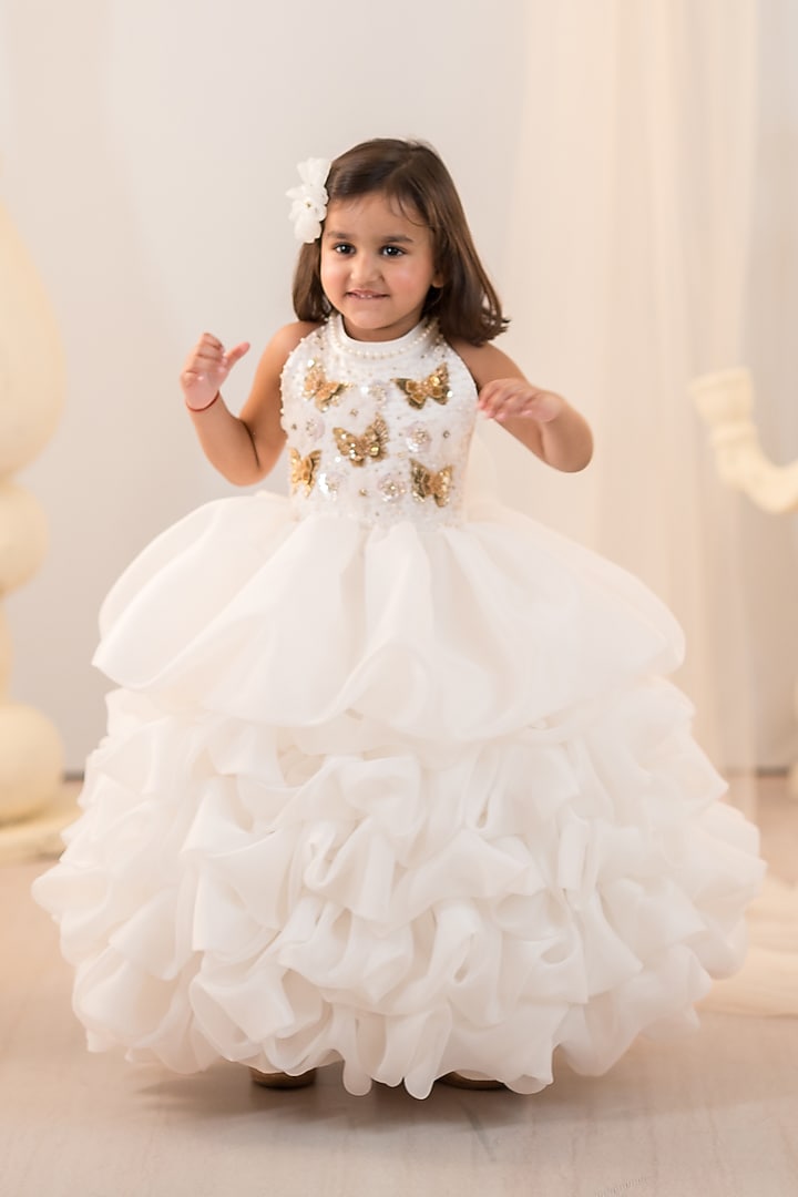 Off-White Satin & Organza Hand Embroidered Gown For Girls by Ruchikalathlabel at Pernia's Pop Up Shop