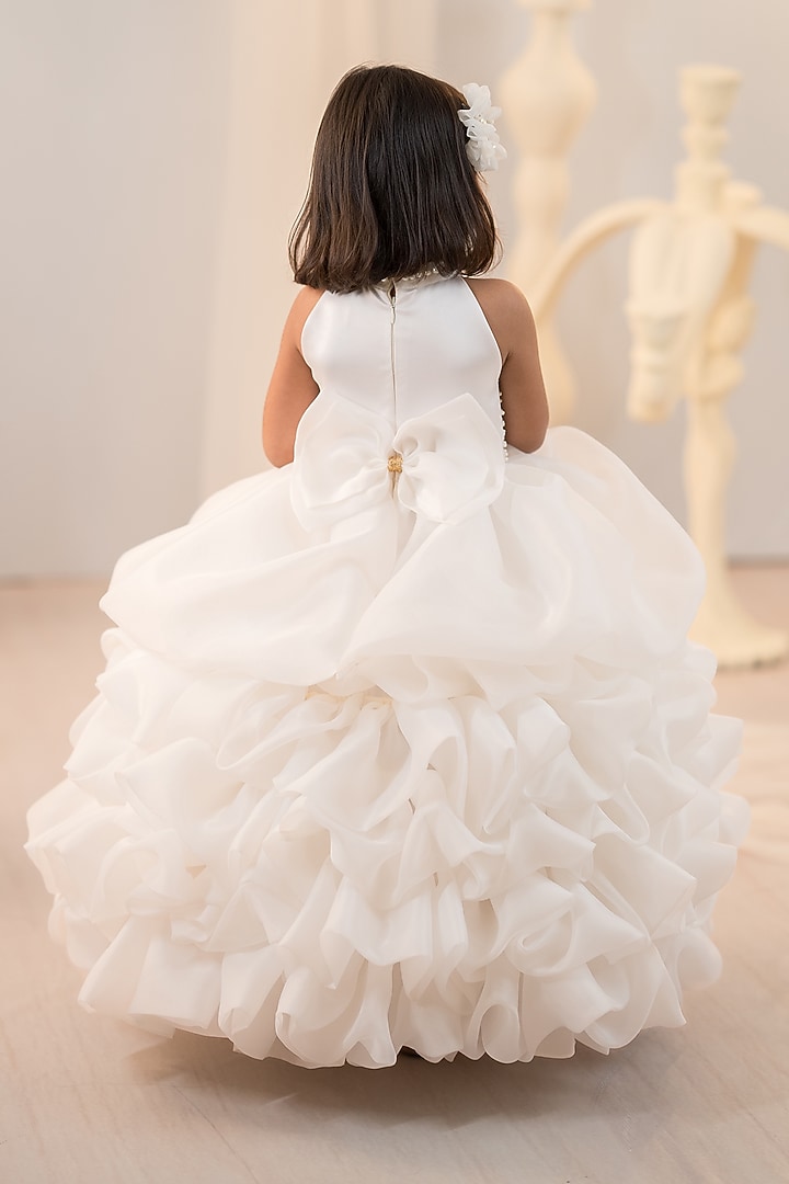 Off-White Satin & Organza Hand Embroidered Gown For Girls by Ruchikalathlabel at Pernia's Pop Up Shop
