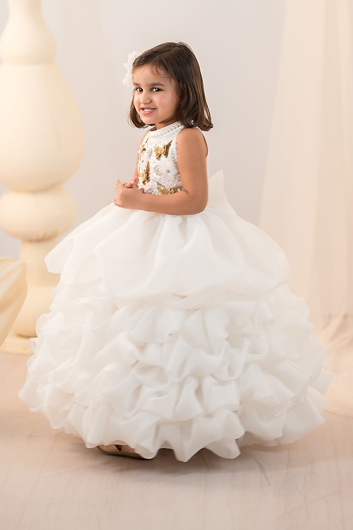 Off-White Satin & Organza Hand Embroidered Gown For Girls by Ruchikalathlabel at Pernia's Pop Up Shop