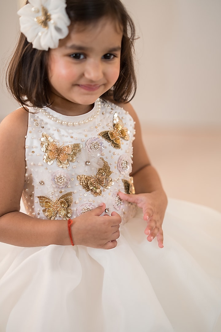 Off-White Satin & Organza Hand Embroidered Gown For Girls by Ruchikalathlabel at Pernia's Pop Up Shop
