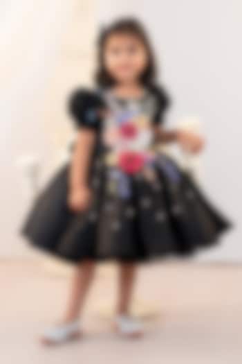 Black Satin Embroidered Dress For Girls by Ruchikalathlabel at Pernia's Pop Up Shop