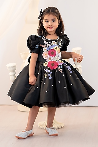 Black Satin Embroidered Dress For Girls by Ruchikalathlabel