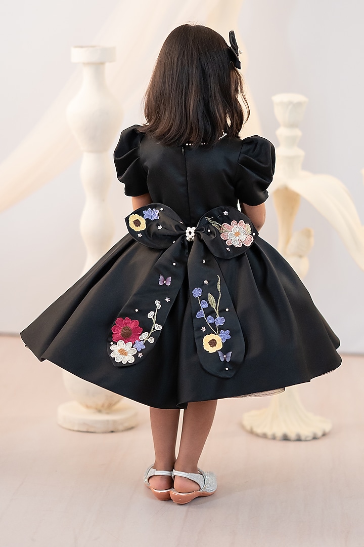 Black Satin Embroidered Dress For Girls by Ruchikalathlabel at Pernia's Pop Up Shop