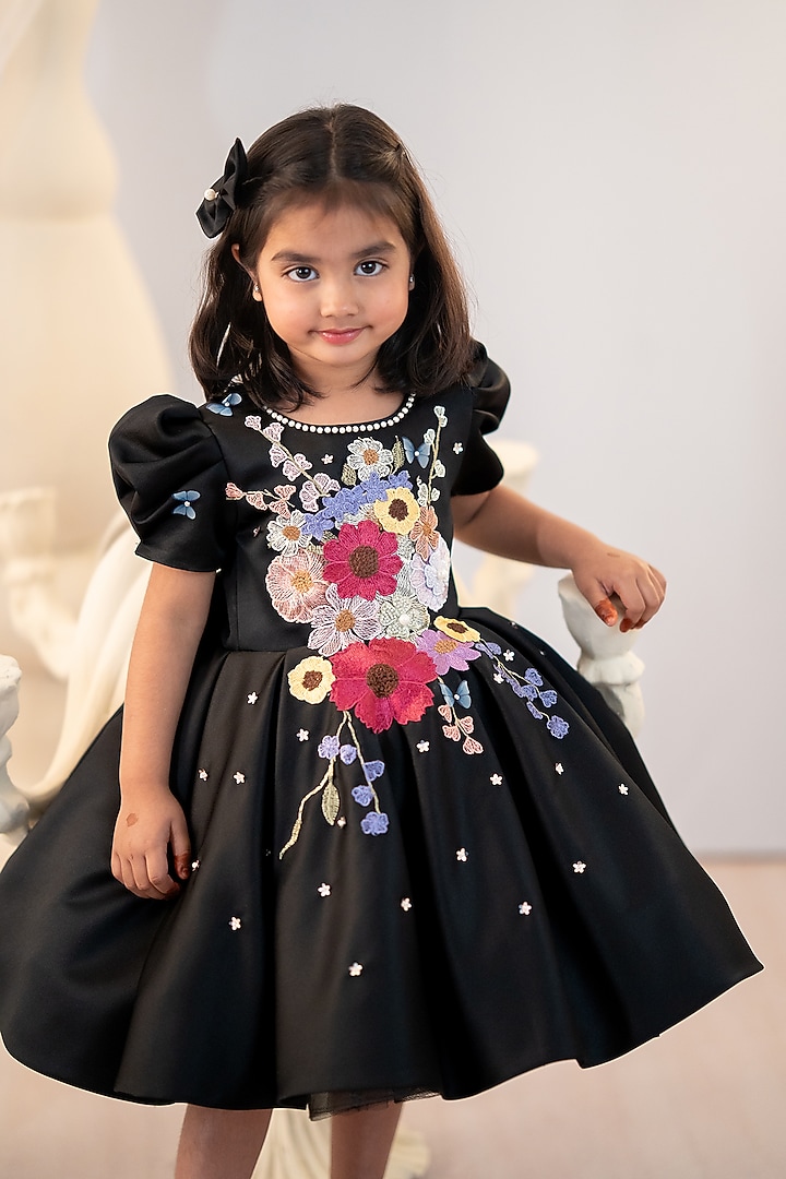 Black Satin Embroidered Dress For Girls by Ruchikalathlabel at Pernia's Pop Up Shop