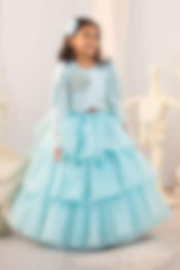 Blue Organza Embroidered Lehenga Set For Girls by Ruchikalathlabel at Pernia's Pop Up Shop