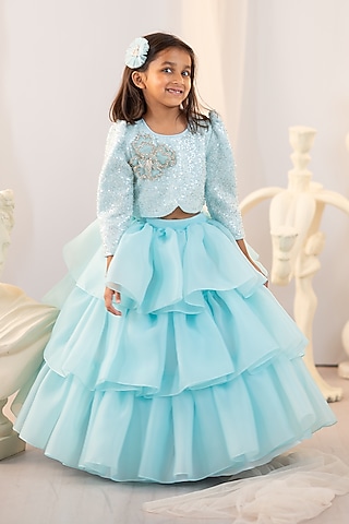 Blue Organza Embroidered Lehenga Set For Girls by Ruchikalathlabel