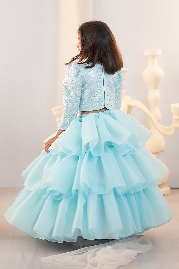Blue Organza Embroidered Lehenga Set For Girls by Ruchikalathlabel at Pernia's Pop Up Shop