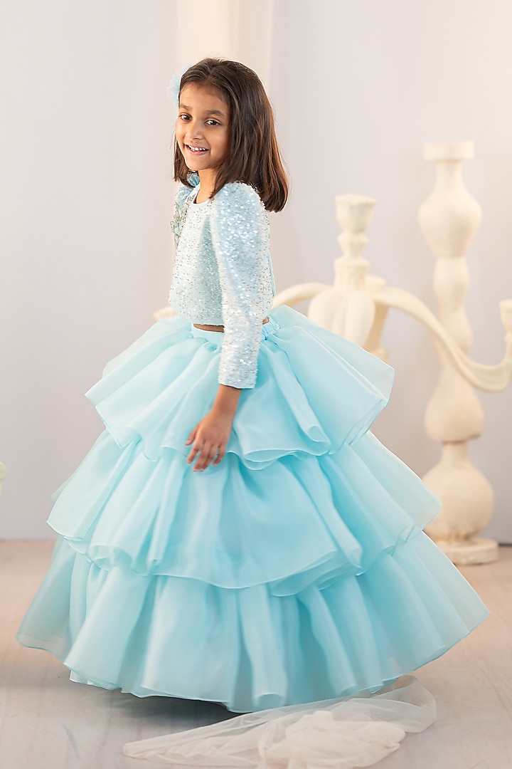 Blue Organza Embroidered Lehenga Set For Girls by Ruchikalathlabel at Pernia's Pop Up Shop