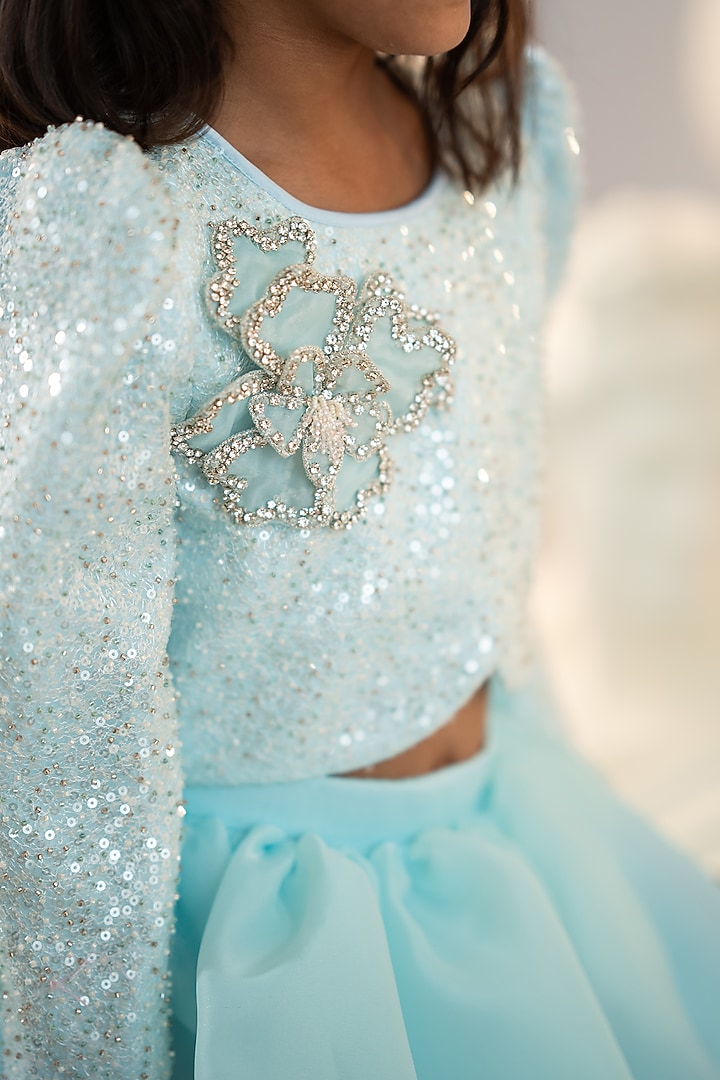 Blue Organza Embroidered Lehenga Set For Girls by Ruchikalathlabel at Pernia's Pop Up Shop